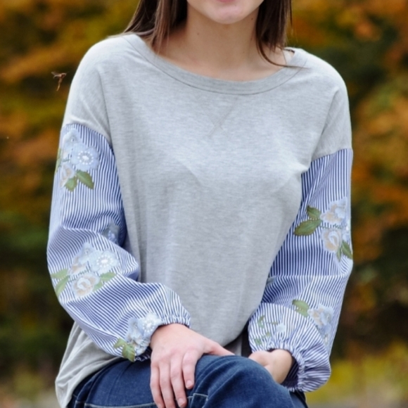 Les Amis Stripes Floral Embellishments Blouse - Picture 7 of 7